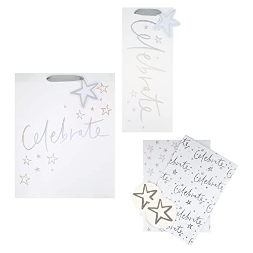 Hallmark Geschenktüte und Geschenkpapier-Set für Feiern, 1 große Geschenktüte, 1 Flaschentasche und 2 Papierbögen in 1 hellen Design