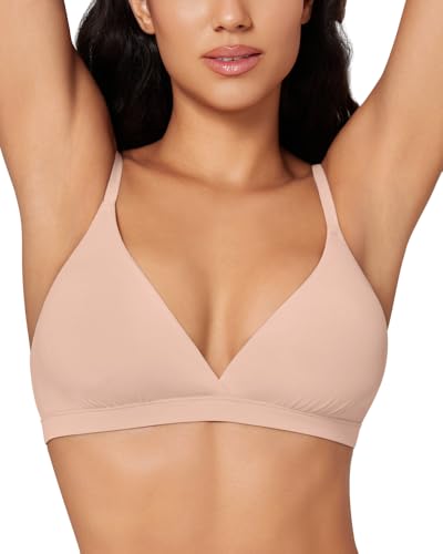 Image of Women's Triangle Bralette Removable Pads Unlined Bra Comfortable Deep V Neck Wireless Seamless Smoothing Bra Top Nude