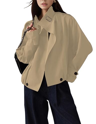 Womens Cropped Trench Coats Double Breasted Long Sleeve Stand Collar Oversized Trendy Jackets