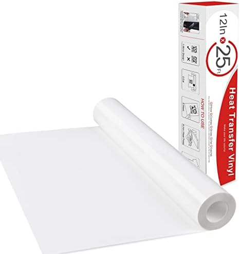 FURWEY Heat Transfer Vinyl Rolls HTV Vinyl - 12" x 25Ft White Iron on Vinyl, Easy to Cut & Weed for Heat Vinyl Design