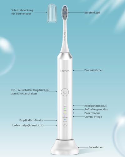 Lächen Elektrische Zahnbürste, Lächen Schallzahnbürste, 5 Reinigungsprogramme mit Reiseetui, 6 Zahnbürstenköpfe, wiederaufladbar, IPX7 wasserdicht, Weiß – Bild 4