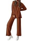 PRETTYGARDEN Womens 2025 Casual Lounge Sets Long Sleeve Tops Wide Leg Long Pants Fall Crewneck 2 Piece Outfits Tracksuits(Brown,Small)