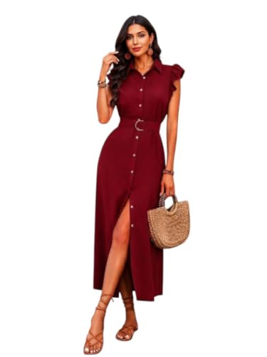 Image of OOMPH! Women's Shirt Midi Dress | Ruffle Sleeves | Button-Down Front | Waist Belt Detail | Collared Neck Casual & Vacation Dress