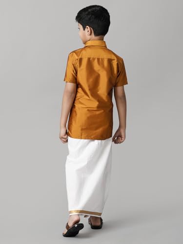 Image of RAMRAJ COTTON Boys Silk Cotton Shirt With Adjustable Cream Dhoti Perfect For Ceremonies| Festivals| And Special Occasions