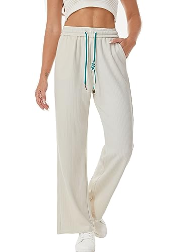 heipeiwa Women's Knit Cashmere Wool Blend Rib Wide Leg Flowy Fall Winter Thermal Sweater Pants Trouser, Beige, Small