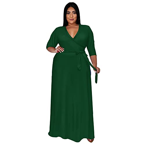Image of Nmoder Plus Size Maxi Dress for Women - Summer Casual 3 /4 Sleeve Floral Flowy Long Dress with Belt XL- 6XL