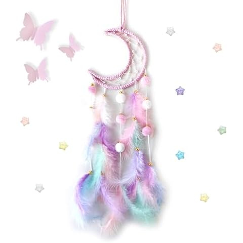Pink Moon Dream Catcher Wall Decor for Teen Girls, Handmade Baby Dreamcatcher, Wall Hanging Decor for Nursery Bedroom, Boys Girls Gift Set with 3D Butterfly and Stars Cover