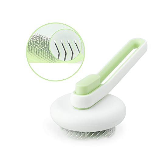 MOCSONE Self Cleaning Slicker Brush for Dogs and Cats, Gently Pet Massage & Grooming Comb, One-Click Painless Hair Remover Tool for Shedding (Green)