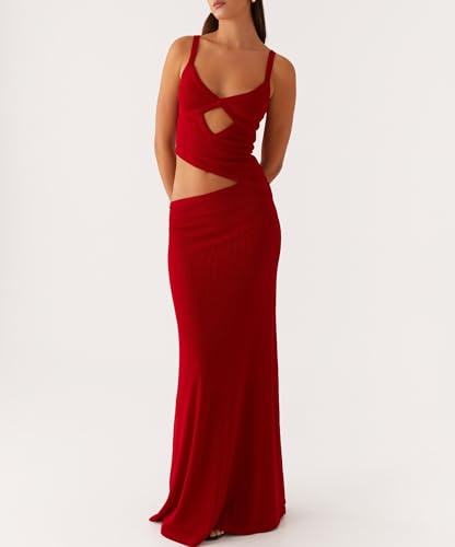 Image of NUFIWI Women Sexy Cutout Long Dress Spaghetti Strap Ruched Bodycon Maxi Dress Backless Hollow Cocktail Dresses