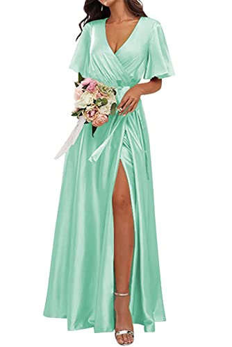 KURFACE Hochzeitskleid, Brautjungfernkleid, Wickelkleid, V-Ausschnitt, Flatterärmel, formelles Abendkleid, Partykleid für Damen, mintgrün, 48