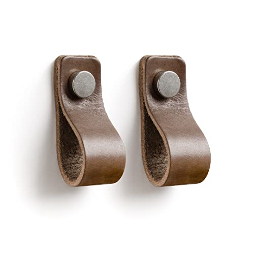TIRADOR de Cuero para Mueble Armario PREMIUM (2 Pcs) (Vacuno Genuino argentino) + Original La Chueca Polo + FÁCIL Montaje »» (Small, Brown) Cover