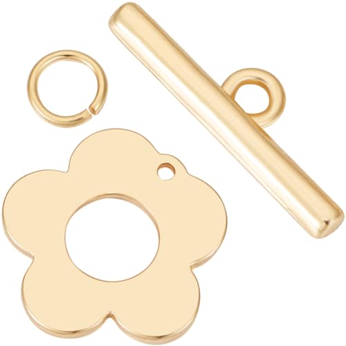 Beebeecraft 1 Box 10 Sets Flower Toggle Clasps 18K Gold Plated Brass Flower Toggle Connector T Bar Clasps Sets with Jump Rings for Spring Theme DIY