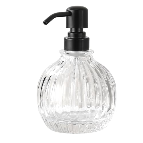 Image of Round Soap Dispenser Bathroom with Black Pump, Glass Pump Bottle with Stainless Steel Pump Liquid Sphere Soap Dispenser Circular Countertop Kitchen