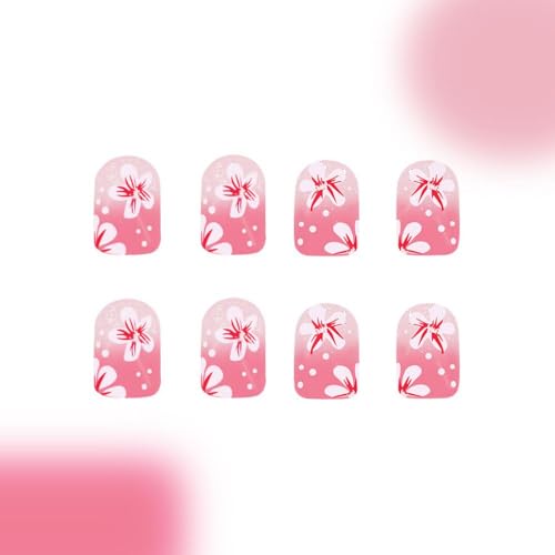 Image of Flower Press on Nails Spring Summer Fake Nails Pink Full Cover Glue on Nails with Glitter Design Floral Stick on Nails Reusable Artificial Acrylic Short Square False Nails for Women Manicure 24Pcs