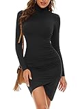 MSBASIC Black Turtleneck Dress Ruched Wrap Front Bodycon Womens Winter Dresses (Black, XL)