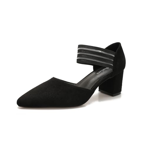 Slip-on Pointy Toe Dress Pumps for Women Suede Chunky Heels with Elastic Strap Women's Comfortable D'Orsay Low Block Pump Shoes for Wedding Party Business 2.4