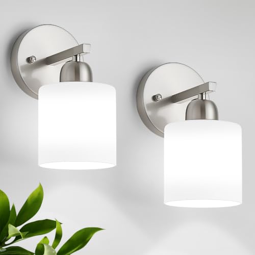 Image of Brushed Nickel Bathroom Light, Anti-Rust Finish 2PCS Light Bathroom Vanity Light Brushed Nickel, Milky White Frosted Glass Shades, E26 Socket