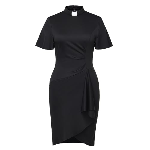 Womens Church Clergy Mass Dress Flare Sleeve Waist Pleated Flower Bud Pencil Dress with Tab Collar2