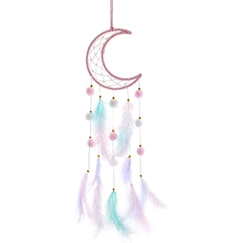 Pretty Jolly Pink Moon Kids Dream Catcher Wall Decor Pompom Feather Baby Dreamcatcher Handmade Children Dream Catcher Home Décor Wall Hanging for Nursery Bedroom Boys Girls Birthday Gift-25.6in Cover