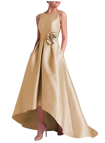 Satin Mother of The Bride Dresses for Women High Low Formal Mother of The Groom Dress for Wedding Guest A Line Long Elegant Evening Gowns Gold US12