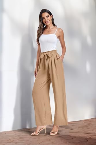 FREEOAK Womens Pants White Linen Beach Travel Flowy Summer Work Business Casual Wide Leg Office Outfits Spring Trousers Large — view 3