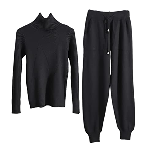 Survêtement en tricot femme pull col roulé et pantalon tenue hiver Noir