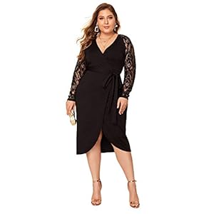 SheIn Women's Plus Elegant Contrast Lace Sleeve Self Belted Wrap Stretchy Bodycon Pencil Dress Black X-Large Plus