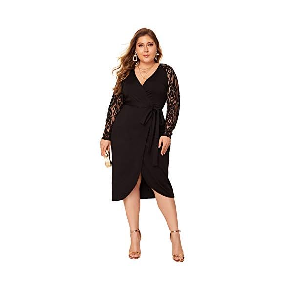 SheIn-Womens-Plus-Elegant-Contrast-Lace-Sleeve-Self-Belted-Wrap-Stretchy-Bodycon-Pencil-Dress SheIn Women's Plus Elegant Contrast Lace Sleeve Self Belted Wrap Stretchy Bodycon Pencil Dress Black X-Large Plus