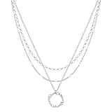 Cuzmly Layered Silver Necklaces for Women, 925 Sterling Silver Stackable Choker Necklaces for Women Trendy Layering Circle Pendant Chain Necklace Set Jewelry Gifts for Women Teen Girls, Brass, No