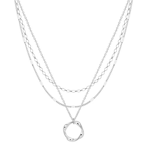Cuzmly Layered Silver Necklaces for Women, 925 Sterling Silver Stackable Choker Necklaces for Women Trendy Layering Circle Pendant Chain Necklace Set Jewelry Gifts for Women Teen Girls, Brass, No