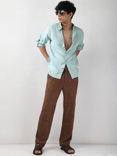 Image of Urbano Fashion Men's Linen Blend Full Sleeve Relaxed Fit Mandarin Collar Casual Solid Shirt