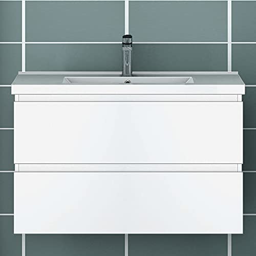 Lexiou Waschtisch Mit Unterschrank 80cm | Weißer Badezimmerschrank Mit Keramikbecken