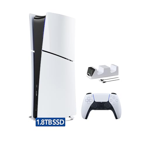 PlayStation 5 Slim Upgraded 1.8TB Digital Edition Console, Controller and Mytrix Controller Charger - White, Slim PS5 1.8TB PCIe SSD Gaming Console