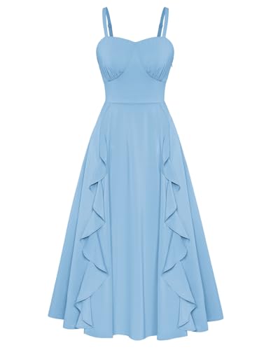 Image of Belle Poque Sun Dresses for Women Spring Summer Floral Midi Flowy Spaghetti Ruffle Wedding Guest Tea Party Dress
