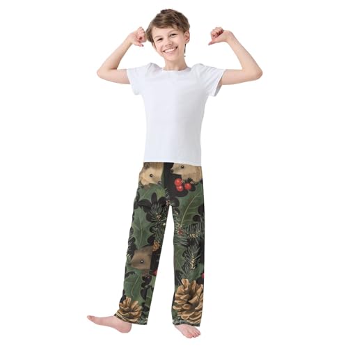 Hedgehog Xmas Tree Pine Cone Boys Long Pants Soft Trousers Elastic Waist Kids Lounge Bottoms with Pockets S-XL2