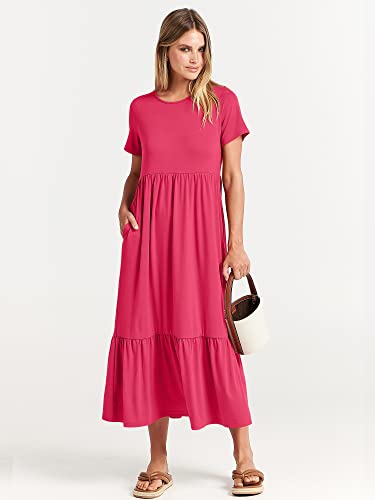 Image of ANRABESS Womens 2026 Summer Casual Maxi Dress A line Tiered Flowy Short Sleeve Crewneck T Shirt Beach Travel Long Dresses