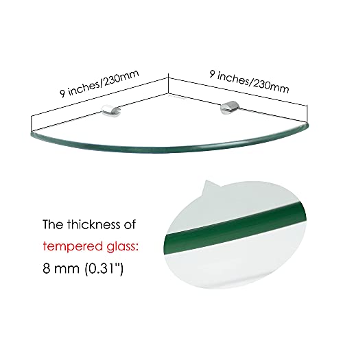 mokhome Bathroom Glass Corner Shelf, Lavatory Shower Caddy, Tempered Clear Glass Shelves, 8MM Thick Floating Wall Mount 9x9 inch Home Decor Holders,1 Shelf with Copper Bracket