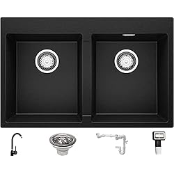 Fregadero Oslo Roca Fregadero Cocina 78 x 50 cm, Fregadero Granito 2 Senos + Grifo + Sifón Clásico, Fregadero Empotrado con Escurridor Oslo 80 Twin de Primagran, Negro