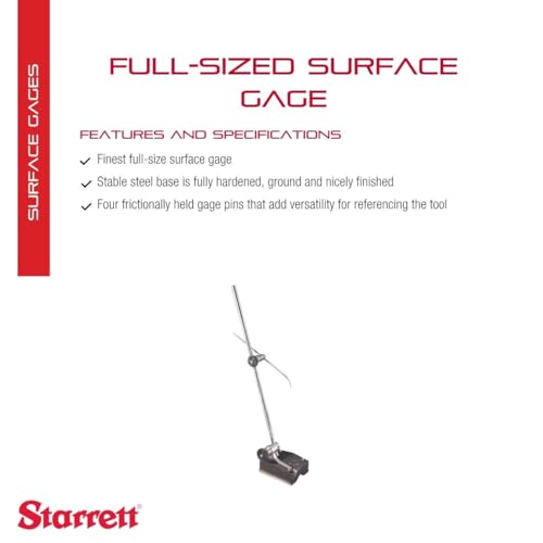Image of Starrett Full-Sized Surface Gage with Fully Hardened, Ground and Nicely Finished Stable Steel Base - 12 inch Spindle Length, 3-1 /2 x 3-3 /16 inch Base Size - 257C