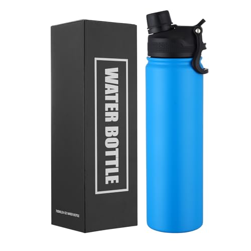 Insulated Water Bottle 24oz, Stainless Steel Double Wall Vacuum Sports Flask with 2-in-1 Straw & Chug Lid, BPA-Free, Leak Proof, Keeps Cold 24H for Travel Gym School