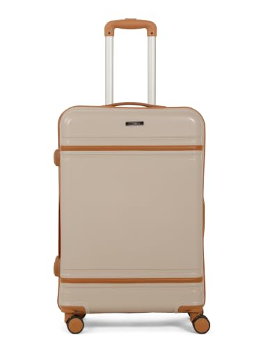 Image of Teakwood Medium Size 8 Wheels Trolley Bag, Hard Cabin with Zipper Closure, Adjustable Push Button & Cross Side Strap, Number Lock System 360 Degree (Medium, Toupe)