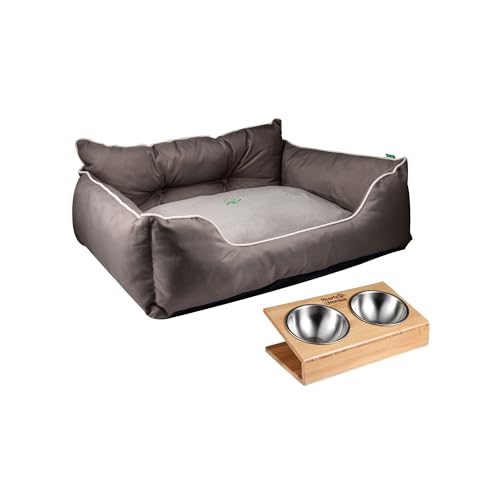 Cama para Mascotas | Color marron | Medidas 50x40x18 cm | Cama Ergonómica para Perros Medianos | Funda Lavable a Máquina | y comedero fuente doble en acero inoxidable y soporte en bambú