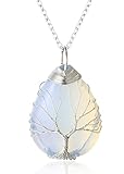 Halukakah Frauen Kristalle Heilsteine Halskette Natürlich Mondstein Platinbeschichtetes Messing Draht Handgemacht Wicklung Baum des Lebens Wassertropfenform 3×4cm Anhänger mit Kette 50cm