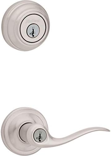 Kwikset 991 Tustin Entry Lever and Single Cylinder Deadbolt Combo Pack featuring SmartKey in Satin Nickel, Model Number: 99910-040