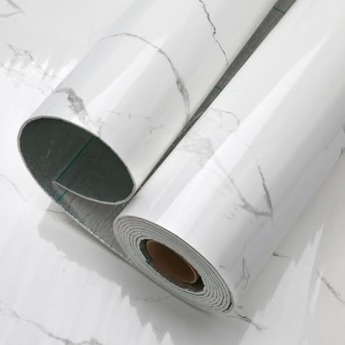 Image of Anttyscar 6Roll White Thicken Thermal Self Adhesive Wallpaper White Marble Peel and Stick Wallpaper Waterproof Vinyl Wall Panels for Living Room Bedroom Bathroom Kitchen Splashback 300cm x 40cm