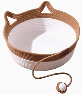Handwoven Cotton Rope Cat Bed - Large Woven Basket with Cushion for Indoor Cats, Durable Scratch Resistant Pet Sleeping Nest, Breathable All Season Kitten Cuddler