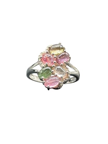 Natural Multi Tourmaline Cluster Ring | 6x4mm Cabochon Ovals | Sterling Silver Cocktail Ring | Colorful Healing Gemstone Ring (7)