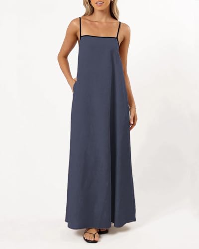 Image of Senllen Women's Linen Dress Summer Loose Flowy Sundress Contrast Spaghetti Strap Sleeveless Backless Beach Maxi Long Dresses