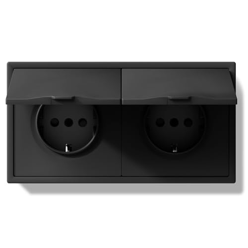 BSEEDLIFE Schuko Steckdose mit Wasserdichter Abdeckung, Unterputz EU-Standard Einbausteckdose, Doppelsteckdose Wandsteckdose 16Amp mit PC Rahmen, 80 * 150mm inzelsteckdose mit Krallen, 2 Fach Schwarz