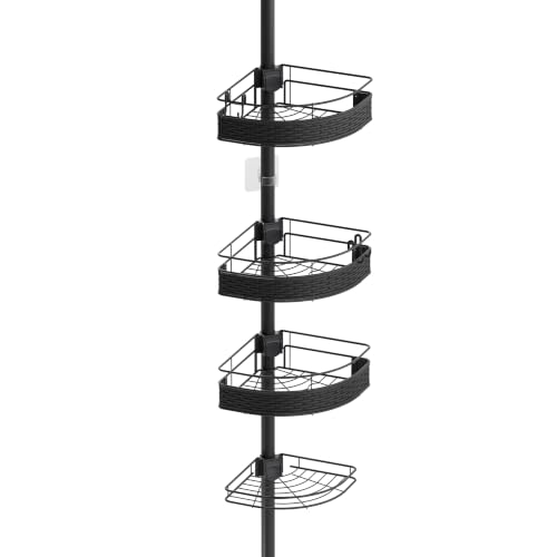 Rubbermaid Tension Pole Corner Shower Caddy: 4-Tier Bathroom Organizer Shelves, No Drill Installation for Renters, Apartments, Dorms, Family Bathroom, Adjustable 60-108 Inch, Black by Rubbermaid - Used condition - US$50.94